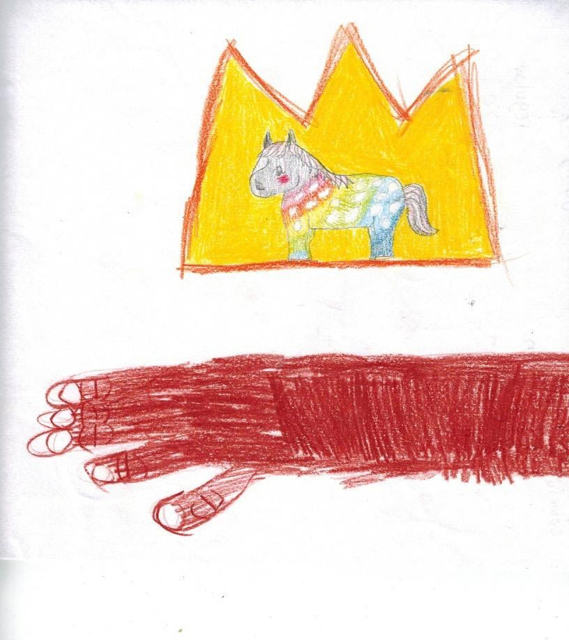 colored pencil rendering of a horse inside a yellow crown over a red hand