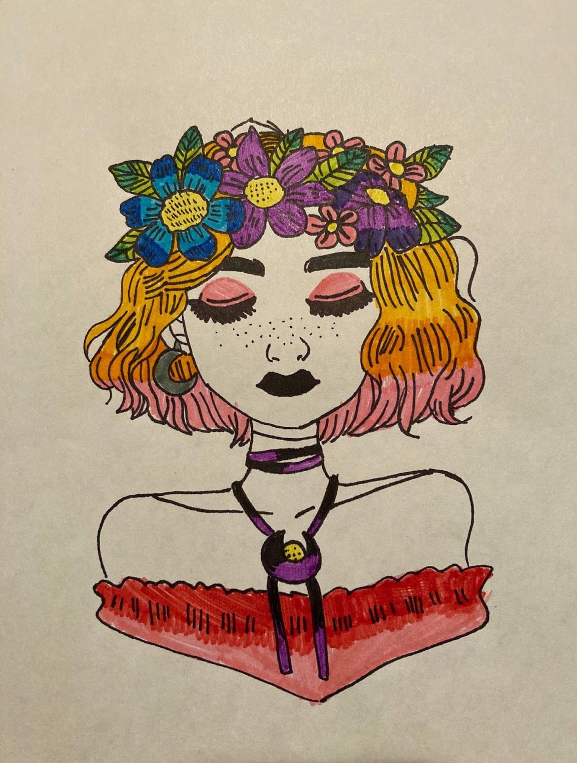 marker-rendered face of girl with multi-colored hair with flowers, and off-the-shoulder top, and moon-shaped necklace