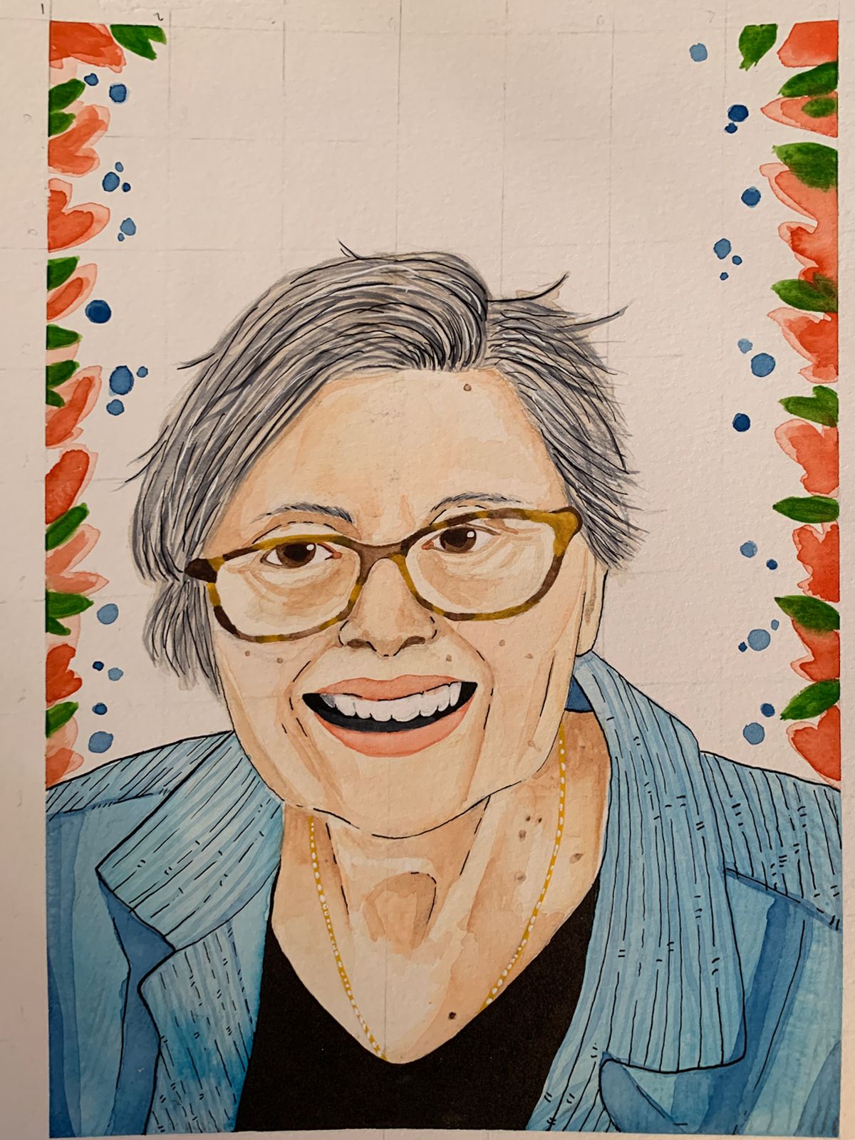 portrait of older woman with a blue top and glasses, border of red flowers, green leaves, and blue dots; grid visible in background